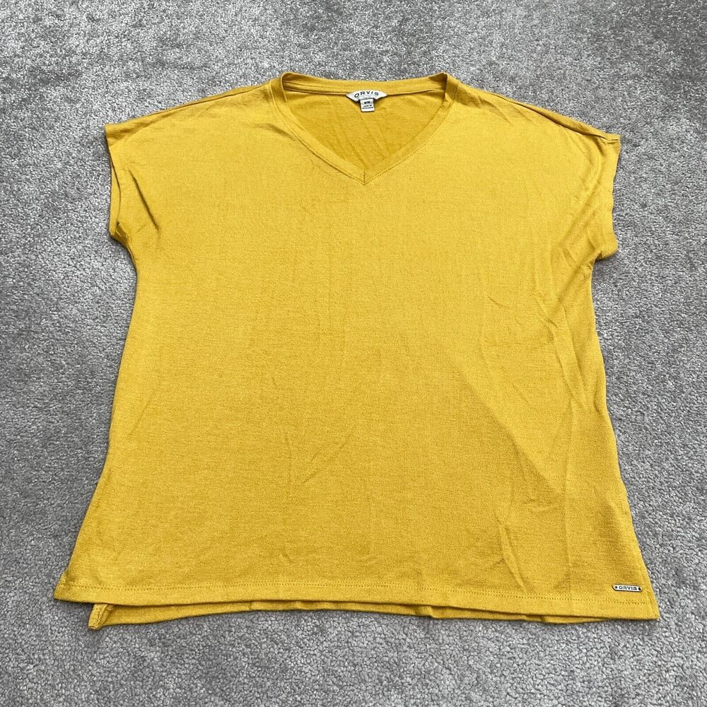 Orvis Knitted Top Womens Medium Mustard Gold V-Neck Short Sleeve Stretch Casual